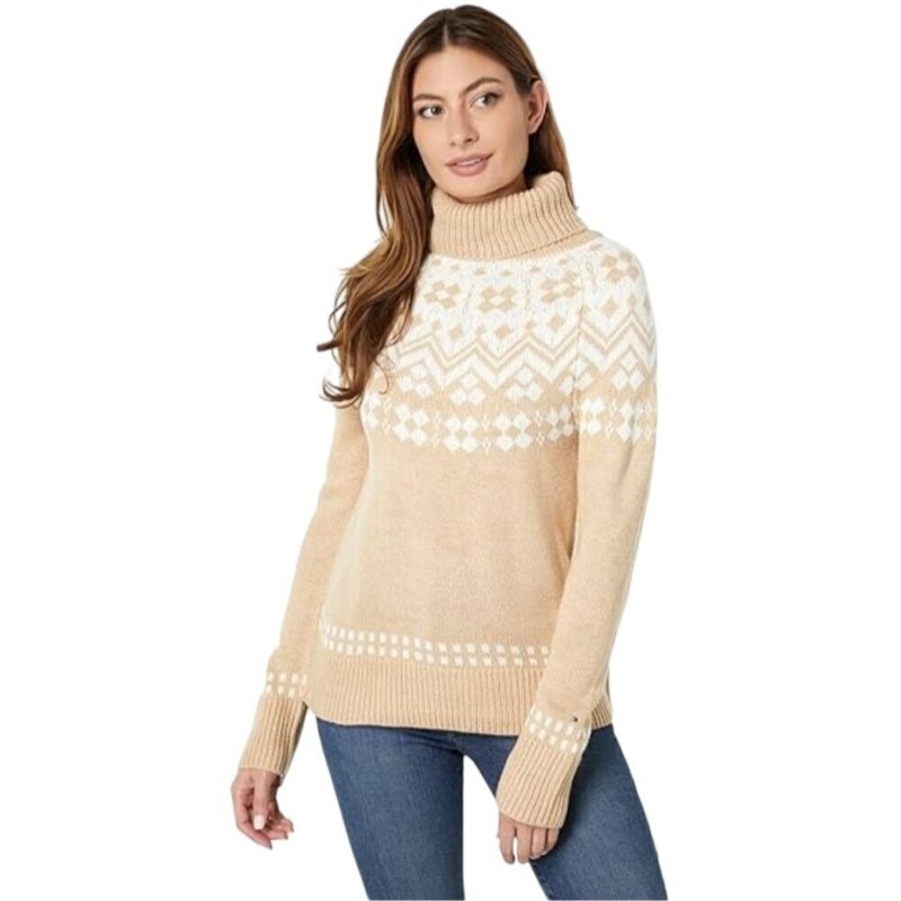 Tommy Hilfiger Knit Funnel Turtle Neck Sweater Beige White Women's Size M Preppy